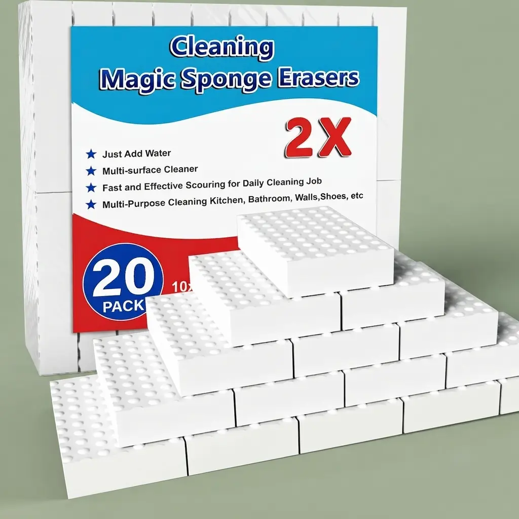 【HUOMAQFAN】 Melamine Magic Sponge Erasers - 20-Pack, 2X Density Extra-Strong Cleaning Sponges for Kitchen, Bathroom Stubborn Stains
