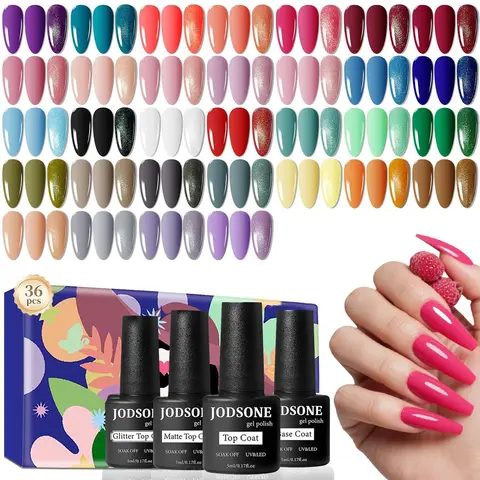JODSONE 36 PCS Colorful Nail Products Set - Base Gel Nail Polish, No Wipe Matte & Glossy Top Coats, Summer Green Blue Red Pink Shades, Artificial Set Bottles for Adults' Manicure, Cuticle Care Gifts