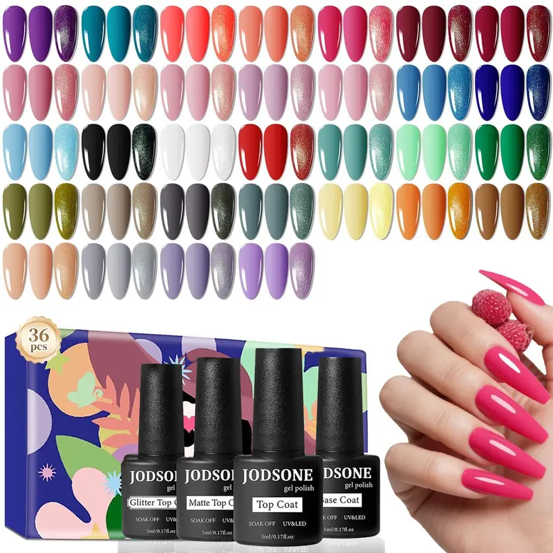 JODSONE 36 PCS Colorful Nail Products Gel Set - Base Gel, No-Wipe Matte/Glossy Top Coats, Summer Green Blue Red Pink Almond Shades, Cuticle Care Nail Supplies for Adults' Manicure Gifts