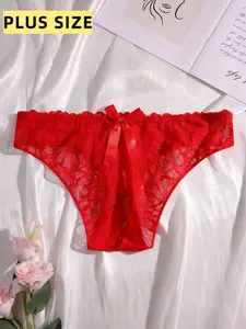 Women's Plus Size Lace Underwear, Sexy Open-Bottom Panties, Comfortable Valentine's Day Lingerie, Large Butterfly Themed Briefs, High Waist Briefs