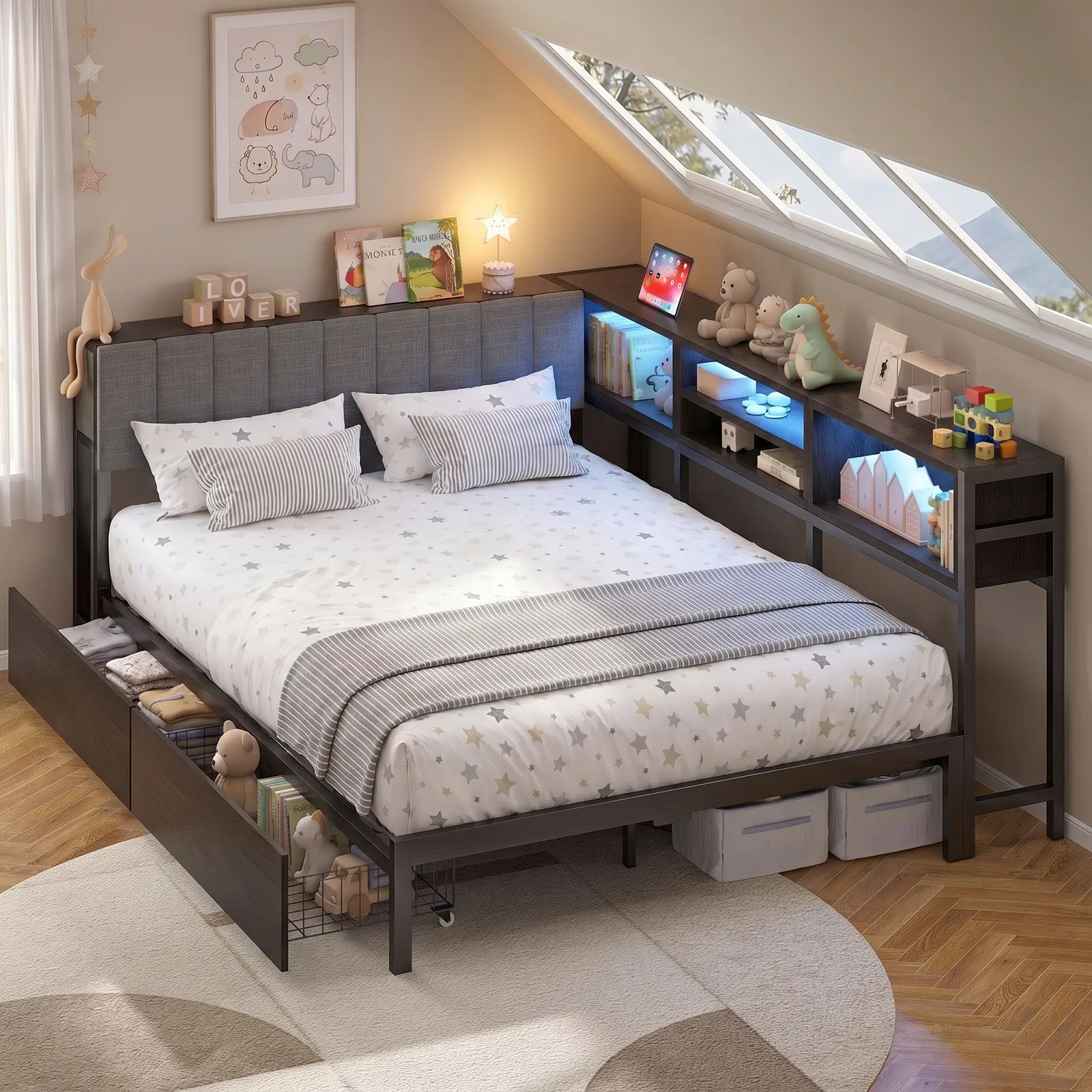 VOWNER Full Size Corner Bed Frame with Storage and RGB Led Lights, Double Size Metal Platform with Upholstered Headboard, 2 Drawers, and Charging Station for Kids Teens, Daybed for Bedroom & Guest Room