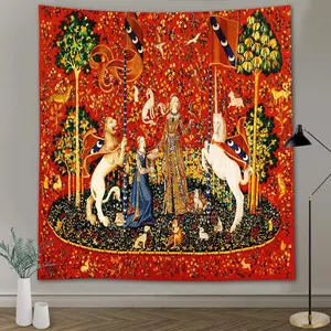 Medieval Princess Tapestry Maiden and Unicorn - European Royal Tapestry, 40x30 Inches Soft Flannelette, for Living Room Royal Historical Decor