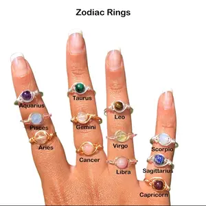 Zodiac Crystal Ring - Aquarius/Amethyst, Pisces/Aquamarine, Aries/Clear Quartz, Taurus/Malachite, Gemini/Moonstone, Cancer/Rose Quartz, Leo/Yellow Tiger's Eye, Virgo/Peridot, Libra/Pink Opal, Scorpio/Opal, Sagittarius/Lapis Lazuli, Capricorn/Garnet Custom