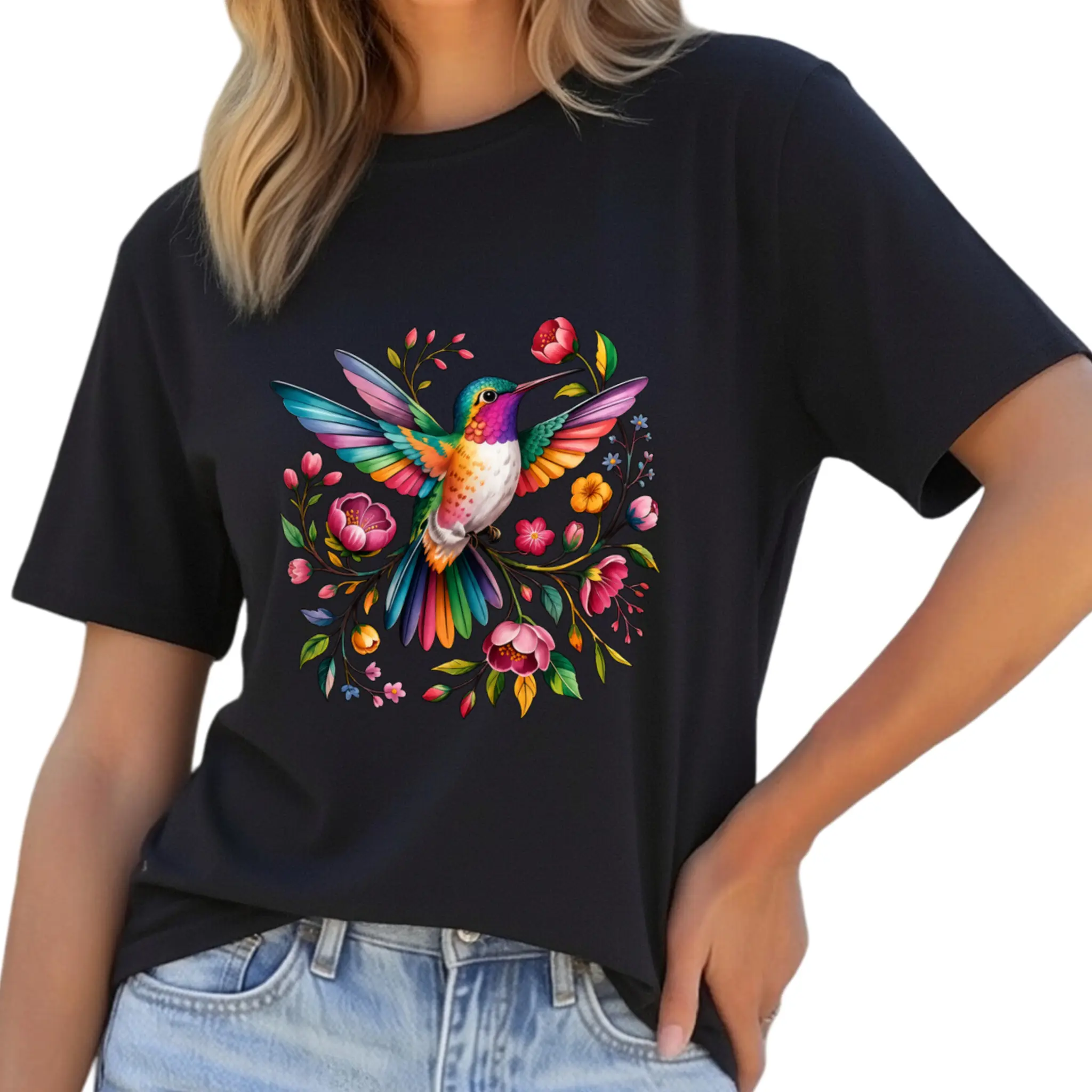 Watercolor Hummingbird Floral Graphic Tee Women Botanical Bird Shirt