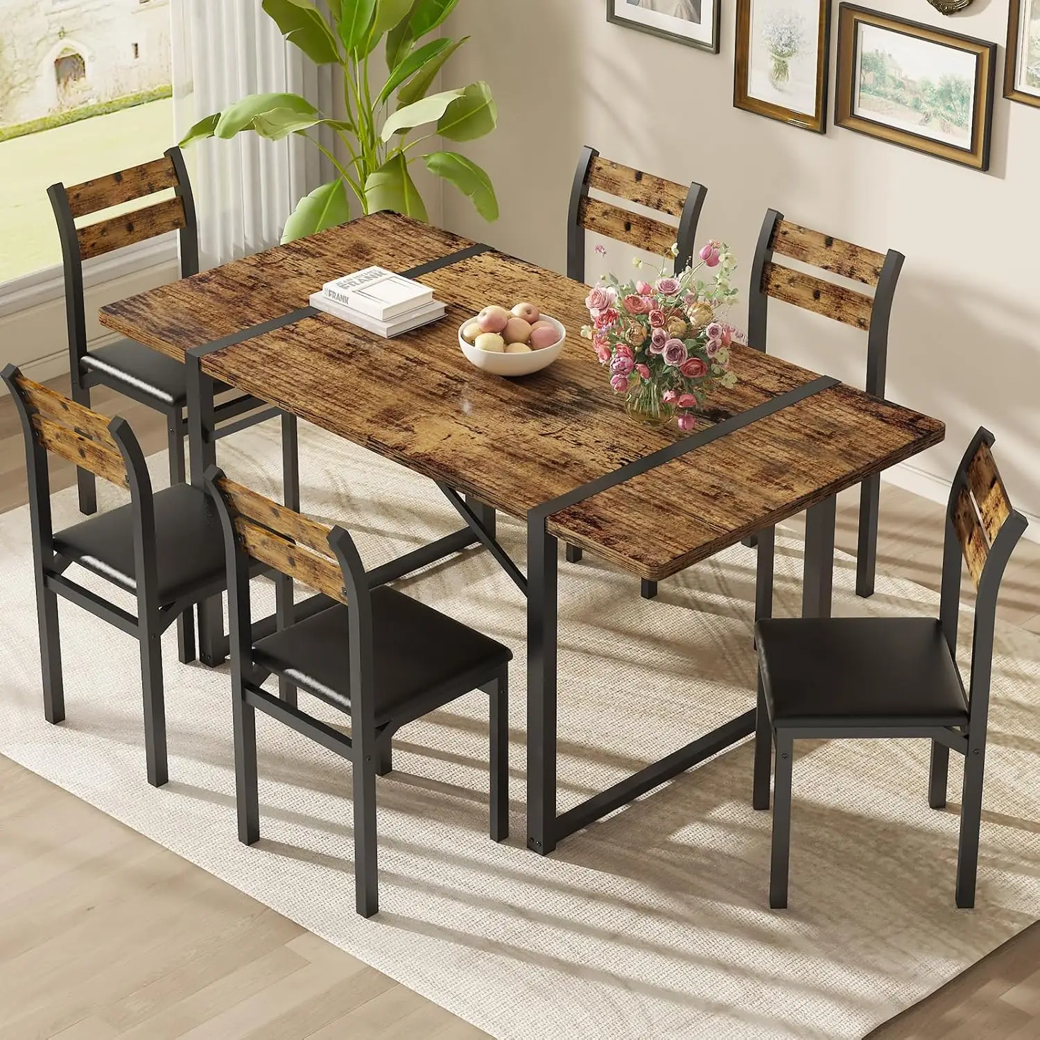 Dining Room Table Set, Farmhouse Dining Dinner Table Set for 6 with Chairs 7 Piece Modern Faux Wood Kitchen and Dining Room Table and Chairs Metal Fra