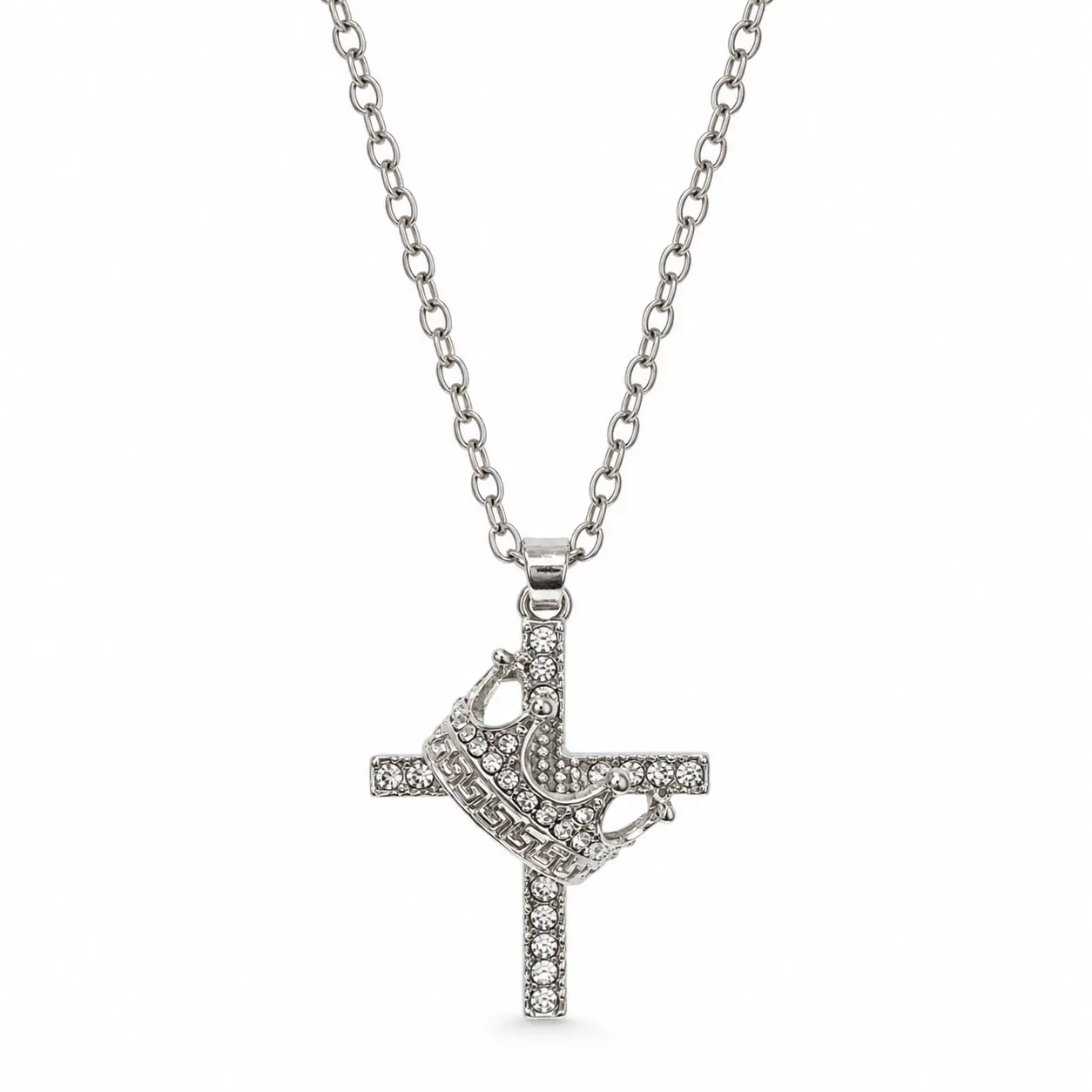 Silver-Tone Rhinestone Cross Necklace for Women, Ornate Crown-Inspired Pendant with Sparkling Crystal Accents, Statement Faith Jewelry Gift