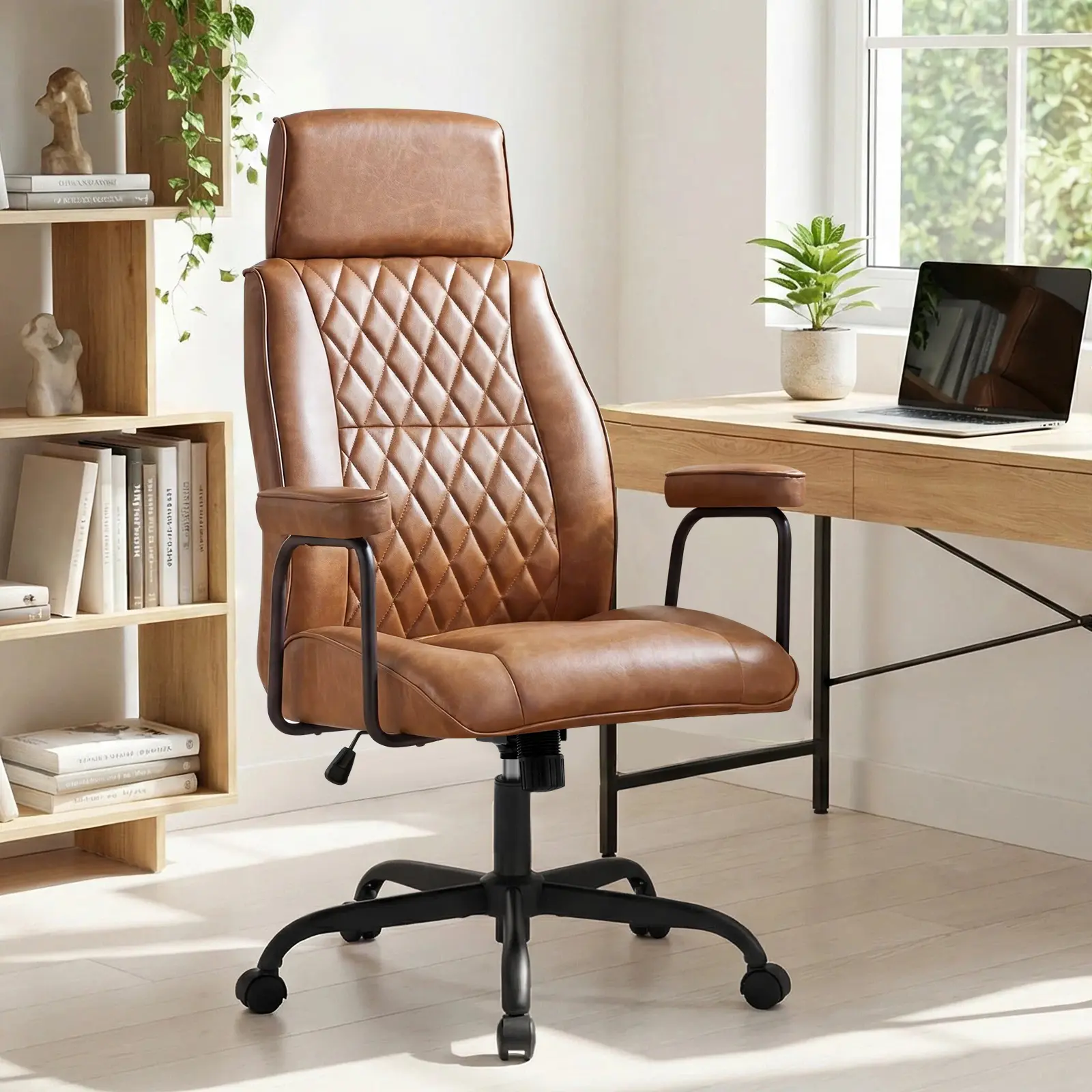 PU Leather Executive Office Chair, Ergonomic High Back Desk Chair with Padded Armrests, Diamond Quilted Upholstery, Adjustable Height, 360° Swivel & Rolling Wheels for Home Office
