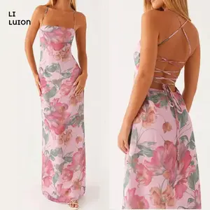 Women Floral Tube Maxi Dress  Y2k Strapless Backless Mesh Long Bodycon Dresses Formal Cocktail Party Sundress Sleeveless Light Print Womenswear