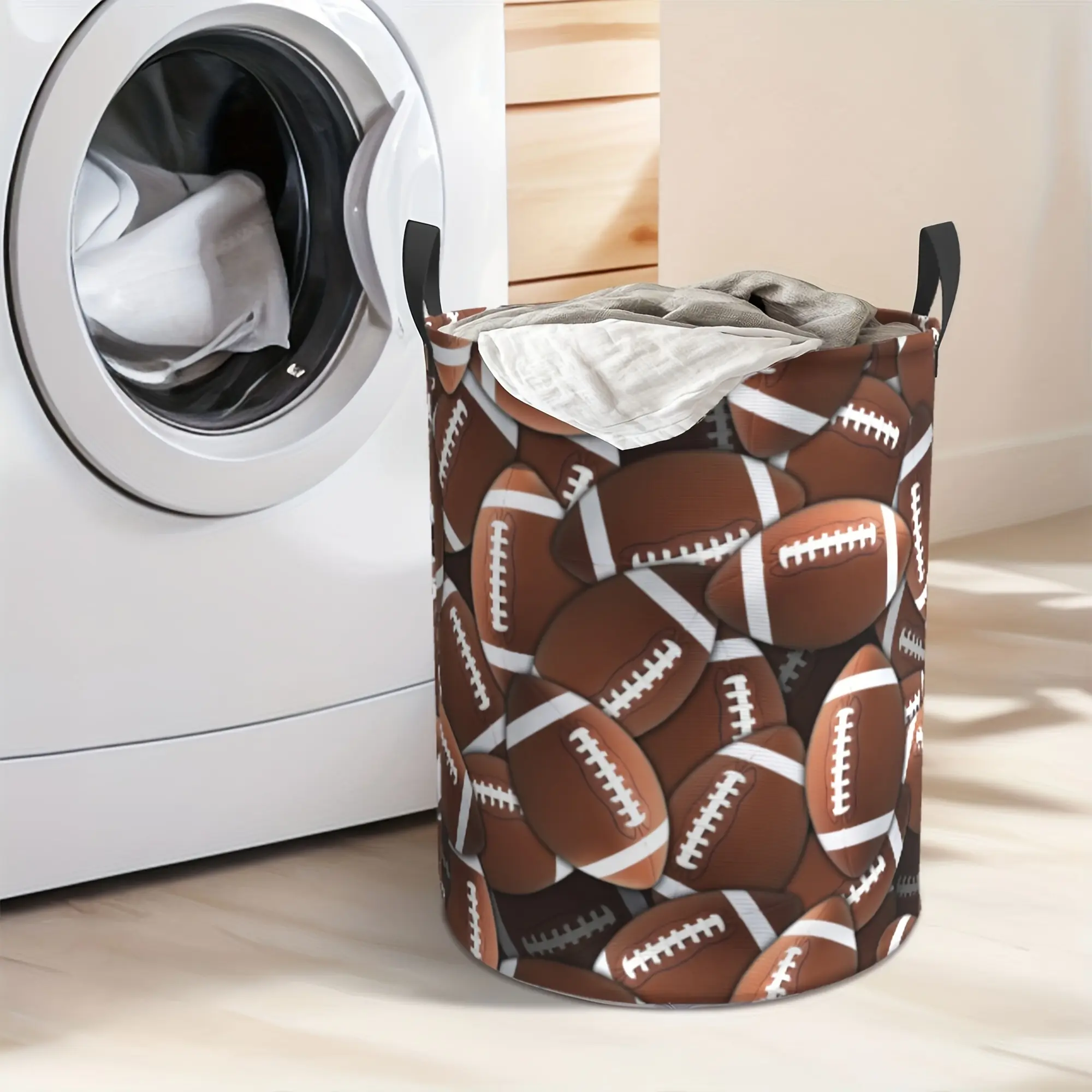 Football-print Foldable Laundry Basket - Durable Polyester, Easy To Carry, Large Capacity, Suitable for Storing Clothes and Toys in Bathrooms, Bedrooms and Sports Changing Rooms, Sports-themed Storage | Circular Basket | Durable Polyester, Laundry Basket