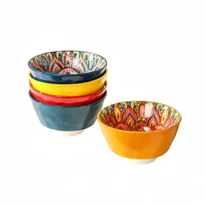 Bohemian Style Ceramic Bowl Set, 4-Piece 15oz Dinnerware Bowls, Microwave and Dishwasher Safe, Durable Kitchenware, Elegant Design for Cereals, Soup, Pasta, Salad