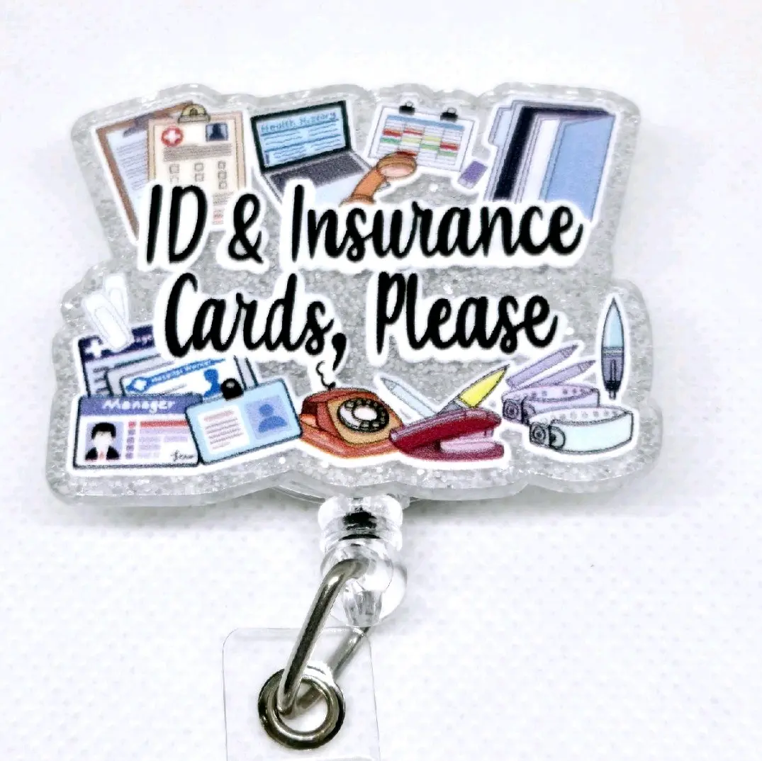 ID & Insurance Cards, Please Glitter Acrylic Retractable Badge ID Reel Belt or Alligator Clip Perfect for Admissions, Front Desk and Patient Registration Employees hospital worker retractable clip badge reel Nursing Students