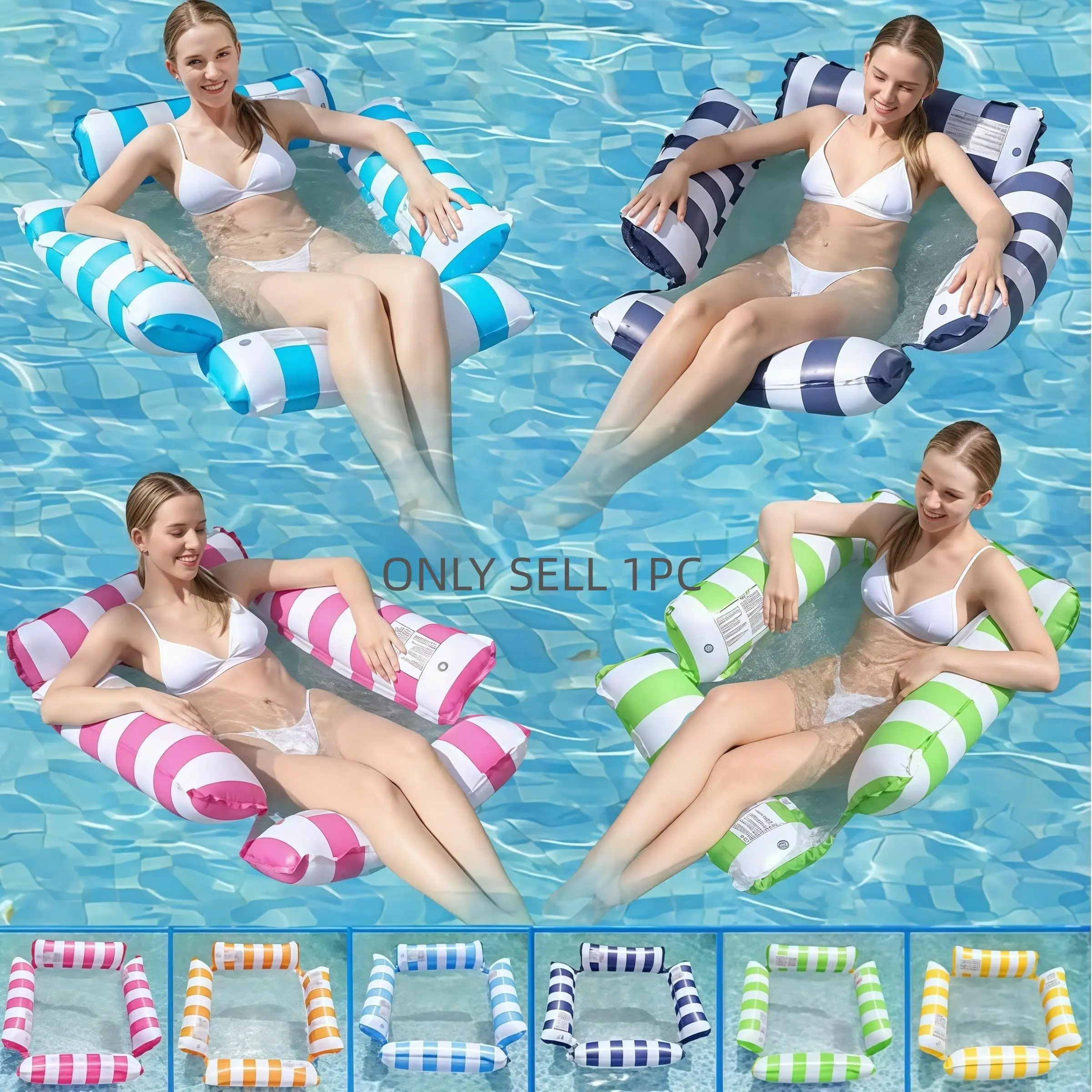 4-In-1 Inflatable Water Hammock, Portable Pool Float Lounger, Striped PVC Floating Bed, Multi-Use Saddle, Recliner, Hammock, Drifter, Pool Essentials, Inflatable Pool Raft, Multi Purpose Inflatable, Pool Floats Lounger