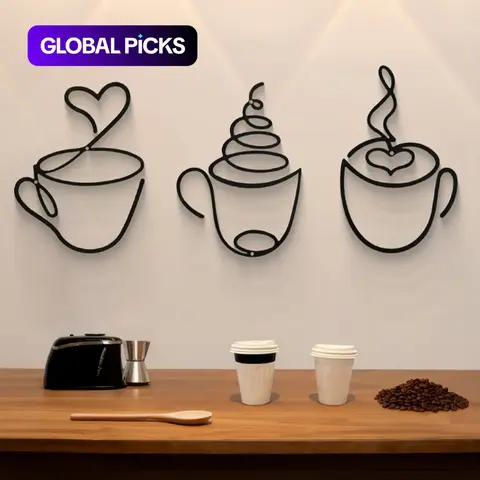 3-Piece Modern Metal Coffee Cup Set, Home Decor for Kitchen and Dining Room, Decorative Home Accessory, Luxury Iron Hanging Ornament with Installation Screws #GLOBAL PICKS