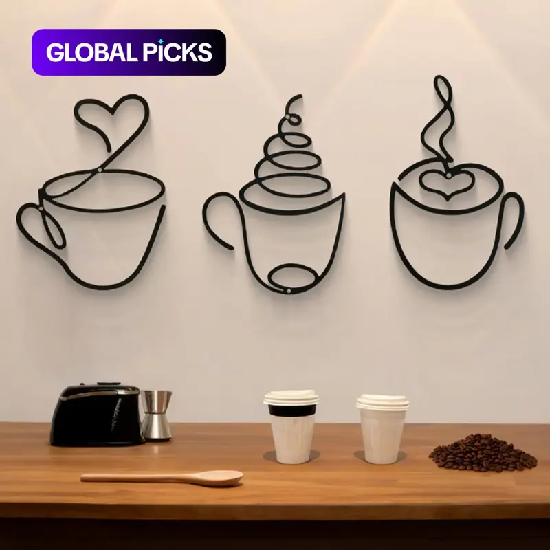 3-Piece Modern Metal Coffee Cup Set, Home Decor for Kitchen and Dining Room, Decorative Home Accessory, Luxury Iron Hanging Ornament with Installation Screws #GLOBAL PICKS