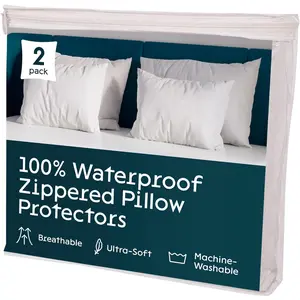 4 Pack Waterproof Pillow Protectors Standard 20x26 Inches Smooth Zipper Encasement Covers Quiet Cases Set White 100% Liquid Protection