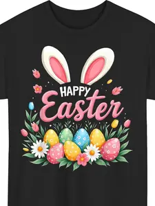 Happy Easter Bunny Spring Easter Egg Easter Shirts for Women and Men |   Crew Neck, Regular Fit, Short Sleeve, Casual Style, Digital Heat Transfer Print, Breathable, Slight Stretch Fabric, Perfect for Gym, Fitness, and Outdoor Wear