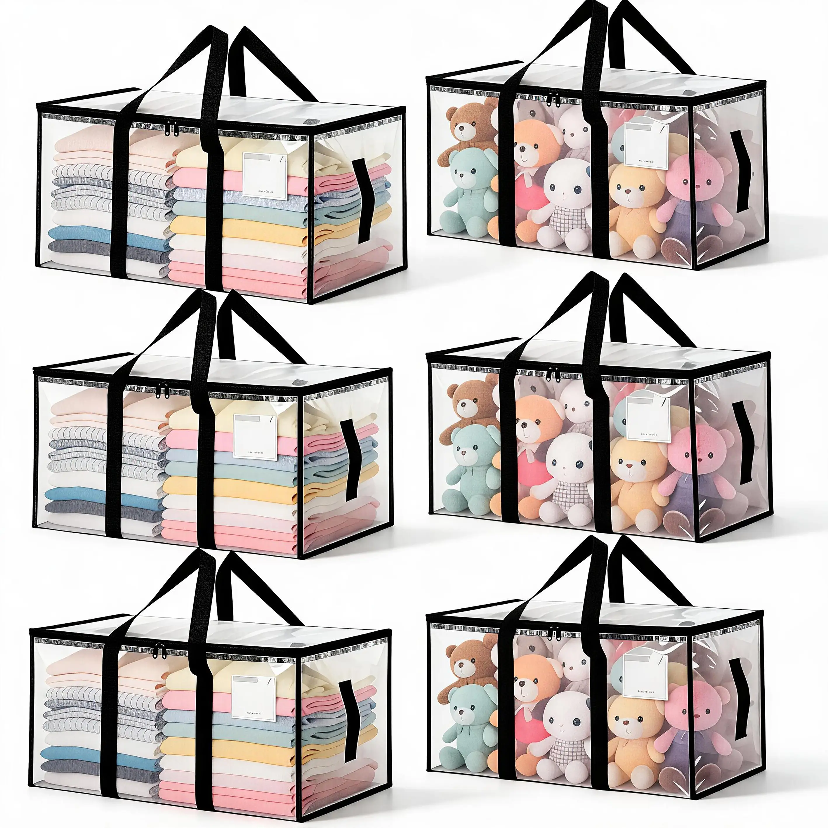 3/6 Pack Clear Heavy Duty Zipper Storage Bags, Large Waterproof Moving Totes with Reinforced Handles & Label Pocket, Foldable Clothes Organizer for Closet, Dorm, Garage, Travel, Camping, Ideal for Clothing, Bedding, Quilts, Toys & Household Sundries