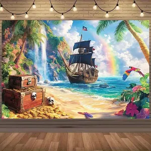 Pirate Ship Banner with Treasure Chests Parrots & Rainbow Sky Durable Polyester Backdrop for Pirate Themed Parties Halloween Decor Multiple Ornaments