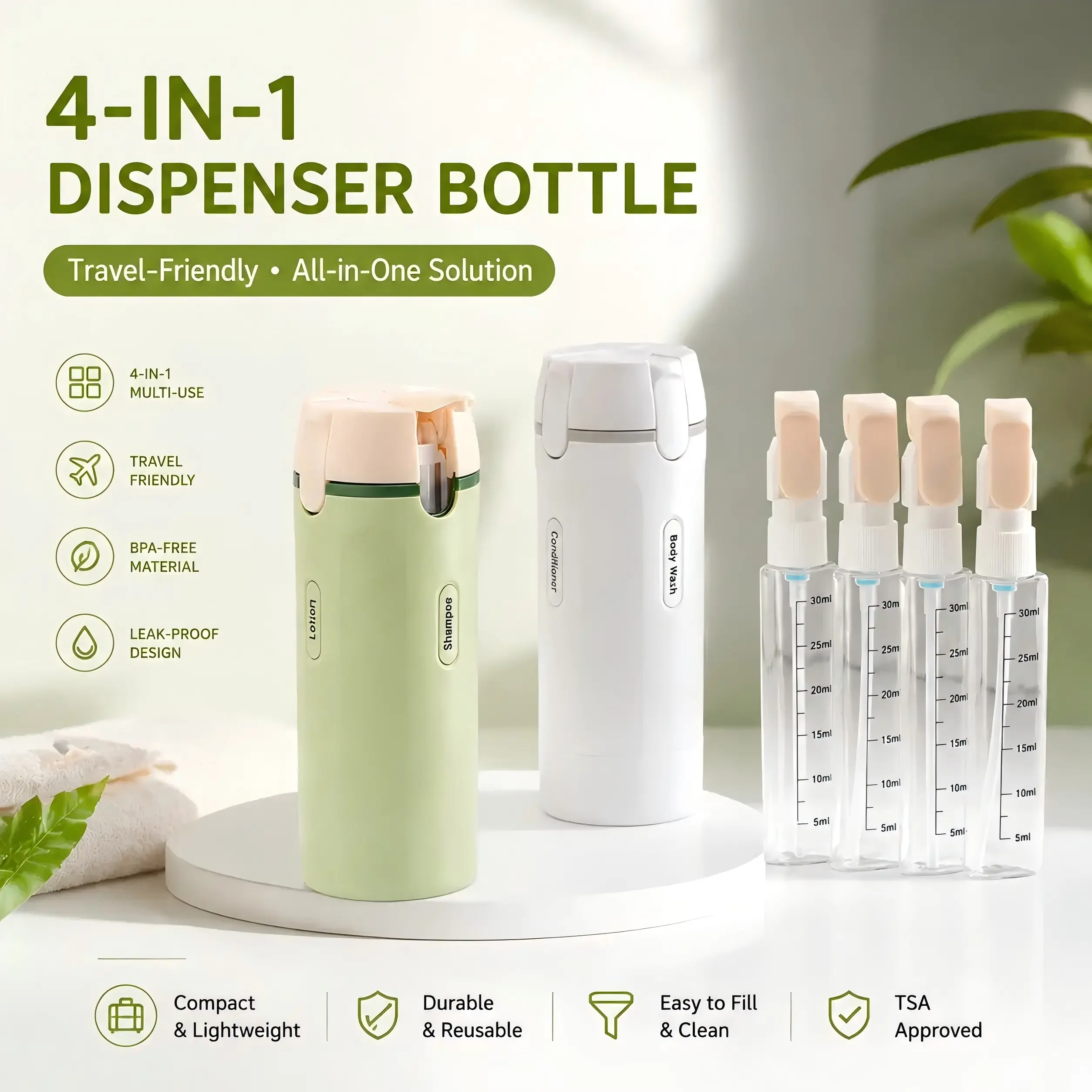 4-in-1 Travel Cosmetic Plastic Rectangle Mini Canister Set - 30ml TSA-Safe, Leak-Proof, BPA-Free Refillable Silicone Squeeze Storage Bottles & Jars (4 Bottles) with Lock, Compact Lightweight Toiletry Organizer for Business Trips, Gyms