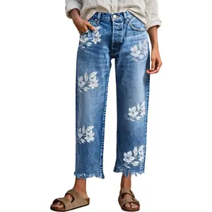 Flamingals Floral Print Raw Hem Mid Waist Straight Leg Crop Jeans Womenswear Stretchy 24.4" Inseam