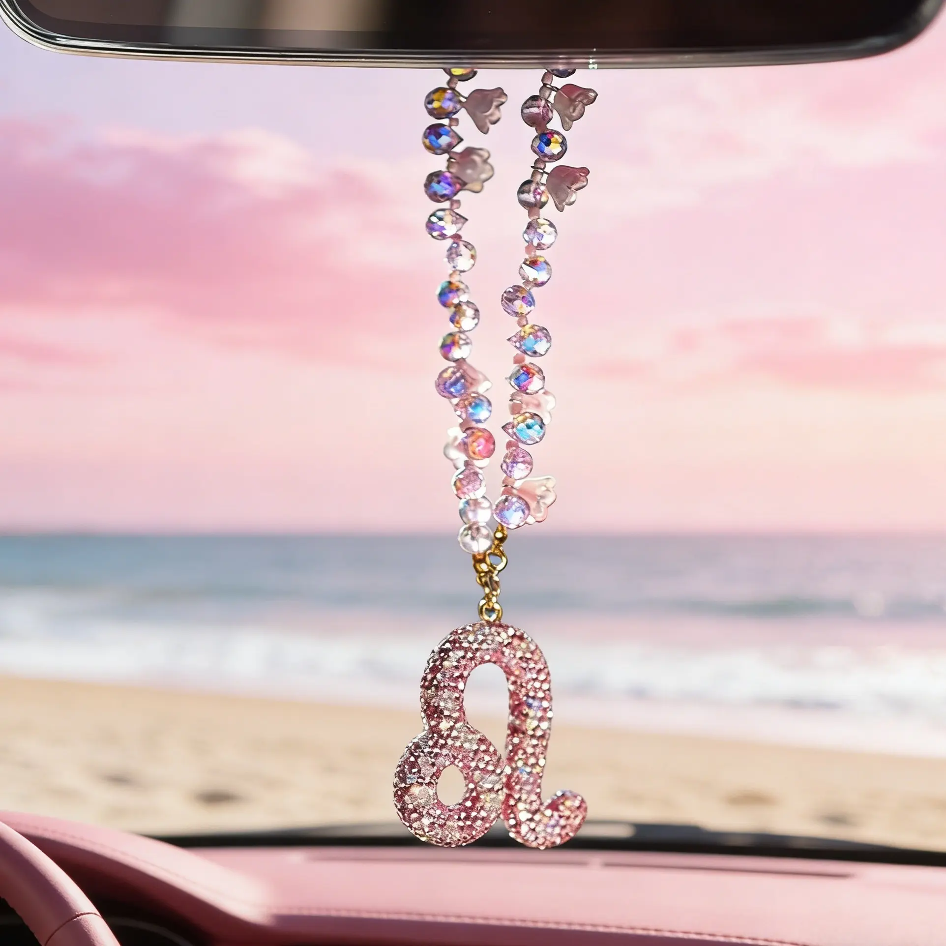 Zodiac Pearl Rhinestone Car Pendant, Car Accessories Cute Bling Girl Style Rearview Mirror Charm, Diamond Ball Fringe Design, Multiple Zodiac Options, Car Ornament, Car Hanging Decoration, Car Decorations, Car Trinkets