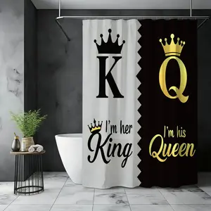 1/4pc King and Queen Pattern Shower Curtain Set, Bathroom Shower Equipment, including shower curtain, toilet seat cover, rectangular mat, and U-shaped mat, perfect for bathroom décor, beautifying the space. Comes with 12 shower curtain hooks.