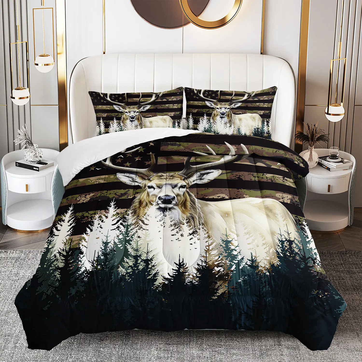 3pcs Decorative Microfiber Bed Comforter Set - Elegant Deer Pattern Quilt, 2 Pillowcases, Breathable Rustic Style, Machine Washable for Girls' Bedrooms, Family Gifts