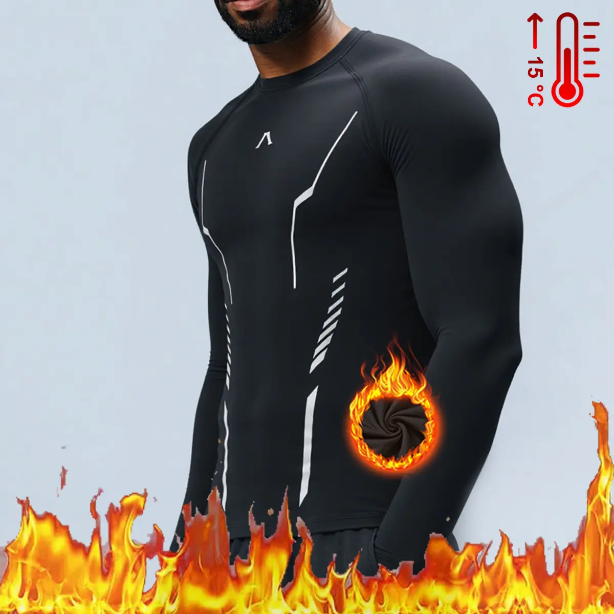 Men's Thermal Fitted Base Layer, Full Length Compression Top for Athletic Workouts in Cold Weather, Polyester, Athletic Fit, Male, Running, Training, Cold Weather Running, Long Sleeve, Menswear, Thermal Tops, Cold Weather Workouts, Temperature Control