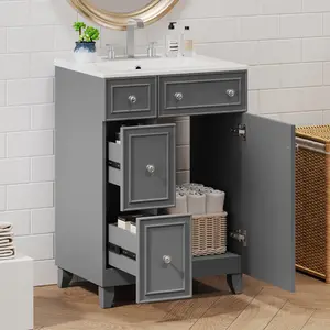 24" Gray Bathroom Vanity Cabinet with Ceramic Sink, 2 Drawers, 1 Soft-Close Door   WL