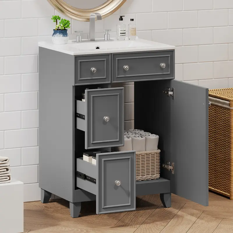 24" Gray Bathroom Vanity Cabinet with Ceramic Sink, 2 Drawers, 1 Soft-Close Door   WL