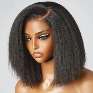 Hot Sale Short Bob Kinky Straight Glueless Wigs Best 100% Human Hair Wig for Women Brazilian Ready To Wear And Go 7x5 HD Lace Frontal Yaki Straight Wig Black Wigs On Sale