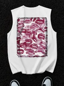 1 Men's White Oversized Tank Top, Red Lip Print Collage Graphic, Retro Streetwear Style, Breathable Cotton, Ideal for Summer Urban & Casual Outfits