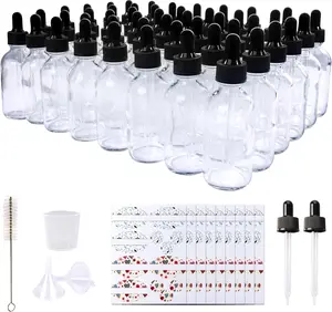 48 Pack 2oz Clear Glass Bottles with Glass Eye Droppers for Essential Oils, Perfumes & Lab Chemicals (Brush, Funnels, 2 Extra Droppers, 54 Pieces Labels & 30ml Measuring Cup Included)