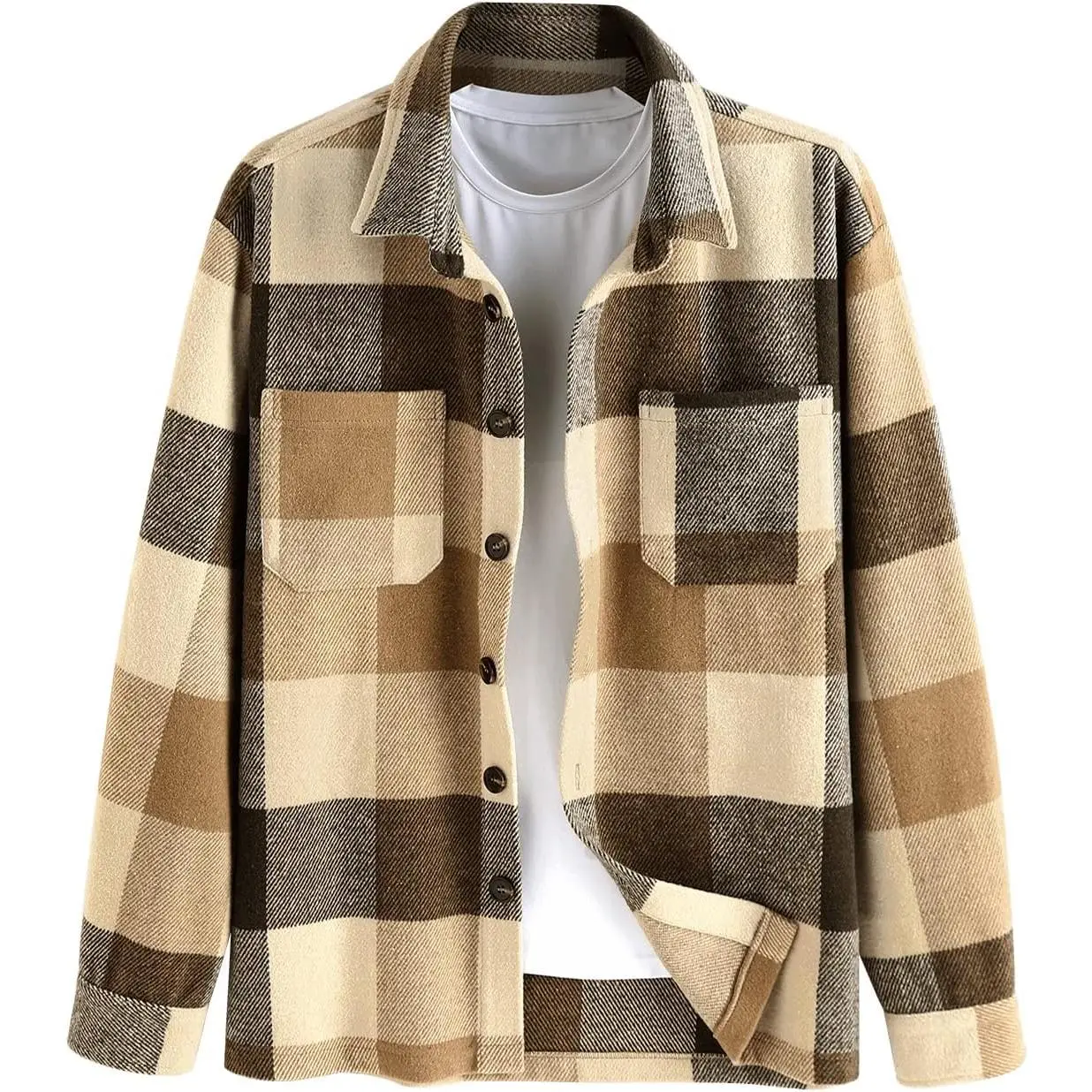 ZAFUL Men's Collared Longsleeves Wool Blend Plaid Shacket - Oversized Casual Fashionable Jacket with Pockets, Men's Tops & Coats, Outerwear