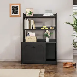 Gaomon Hidden Type Cat Litter Box Enclosure - Home Organizer Storage Rack with Shelves, Scratch Pad, 2 Double Doors, Storage Organization, Easy Cleanup, Odor Control, Indoor Cat House Furniture for Most Litter Boxes, Black
