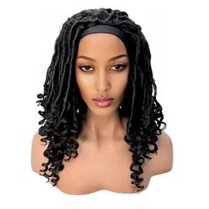 Kanekalon Long Black Dreadlock Wig Twist Headband Synthetic Wig with Curly Ends, Adjustable Cap, and Soft Pillowy Locks in 1B Black