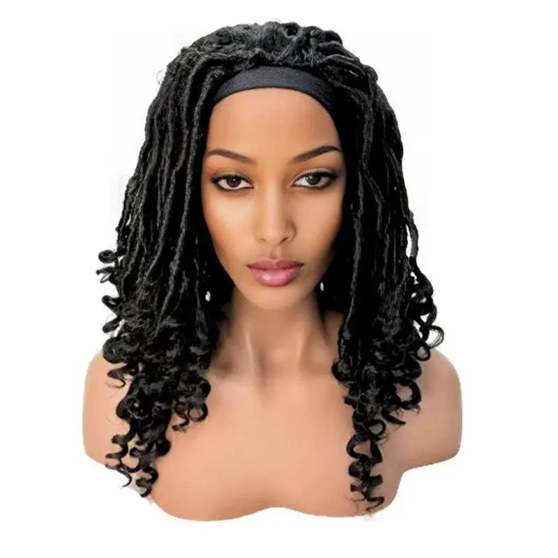 Kanekalon Long Black Dreadlock Wig Twist Headband Synthetic Wig with Curly Ends, Adjustable Cap, and Soft Pillowy Locks in 1B Black