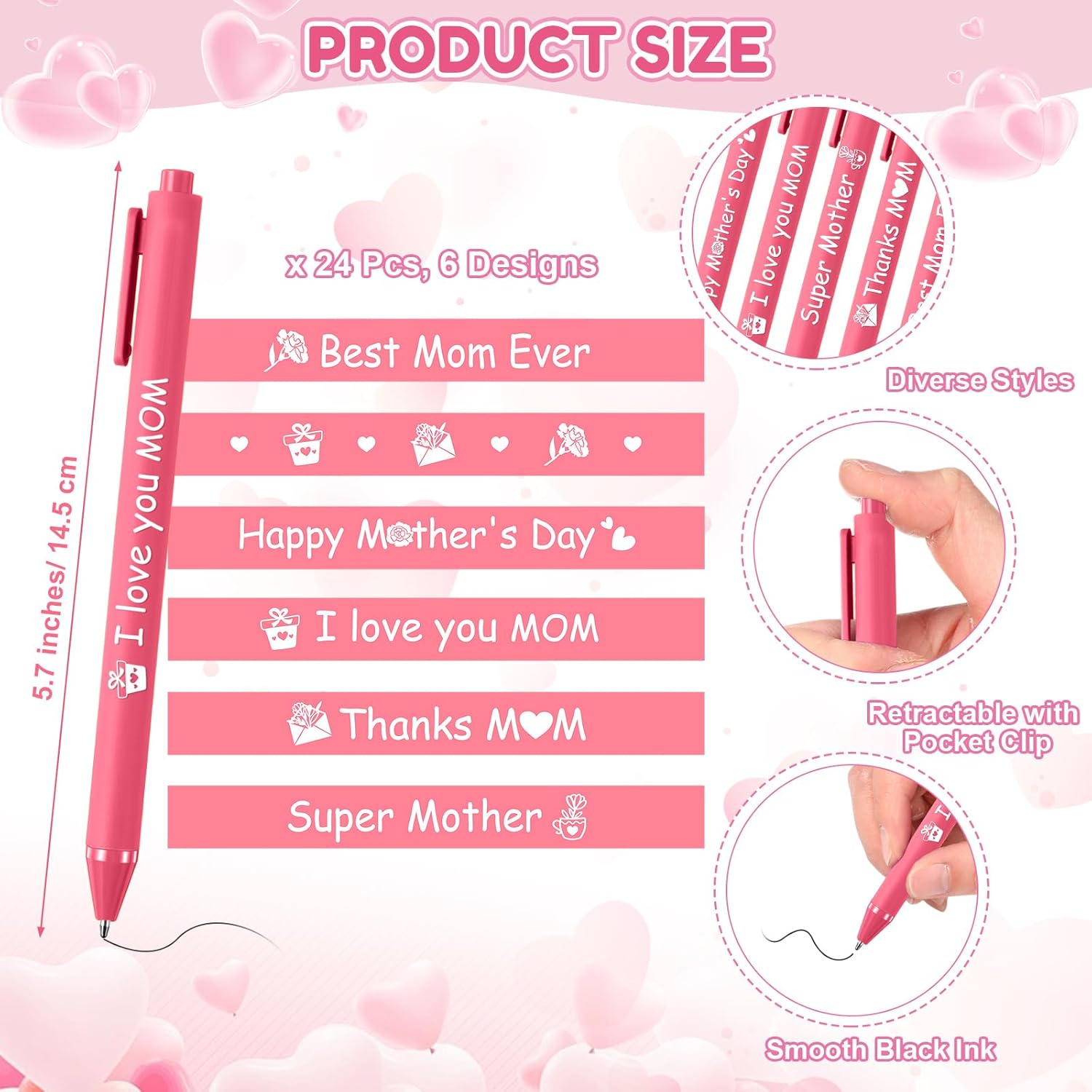24 Set Mother's Day Sticky Notes and Pens Set Mother's Day Gift Pink Flower Heart Gift Box Bouquet Shaped Self Sticky Notepads Ballpoint Pens for Mothers Day Gift Office Daily Supplies