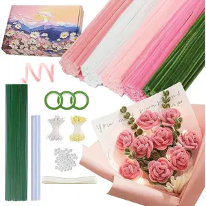 500PCS Pipe Cleaners Craft, 5 Assorted Colors Chenille Stems Bulk Kit with Stamen Ribbon Glue Sticks & Pearls for DIY Bouquets Home Decor Pink
