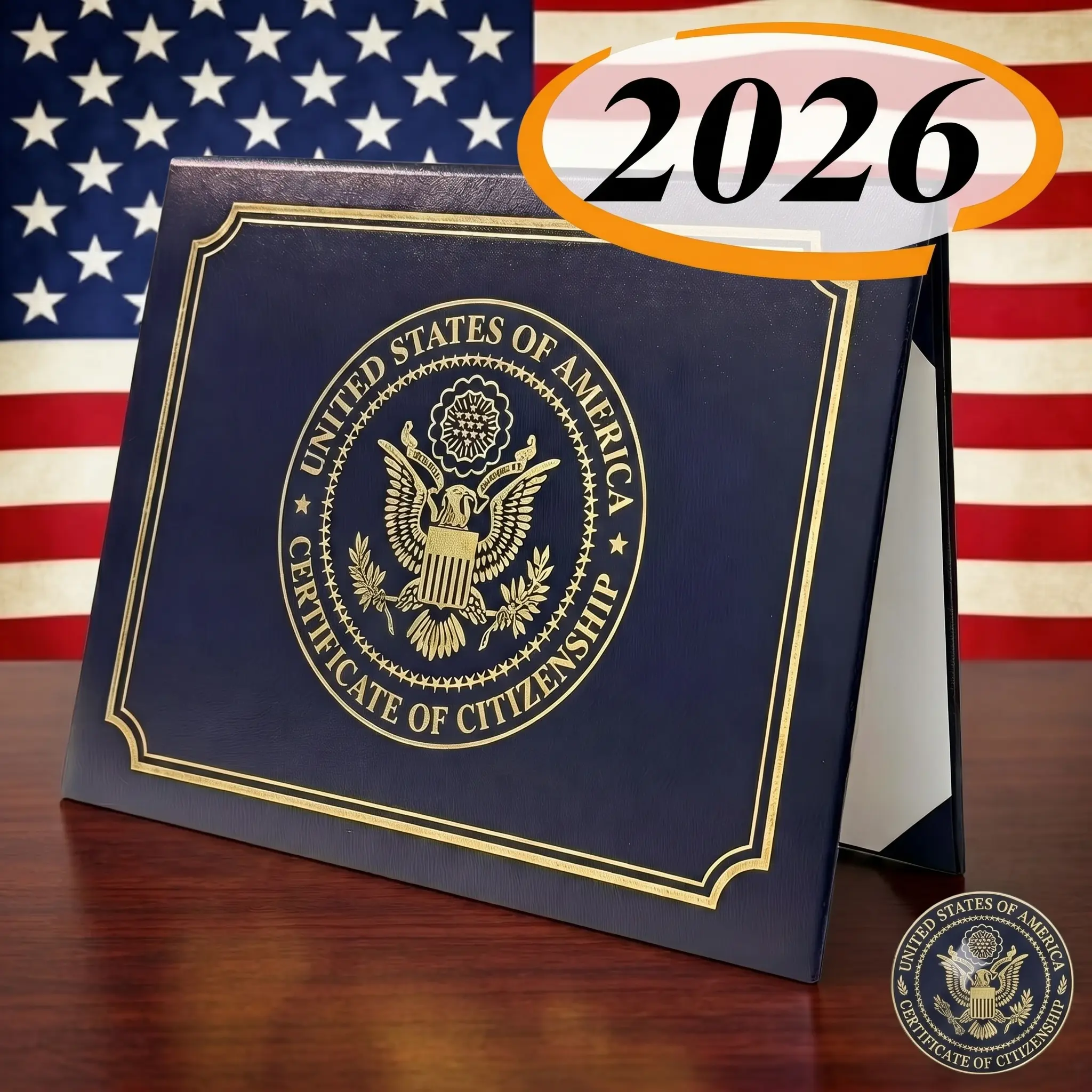 PU Leather Hard Padded Document Safe Cover with Elegant Design, Gold Embossing, Logo Printed "Certificate of Citizenship" Mark, US Naturalization Official Document Gift Holder