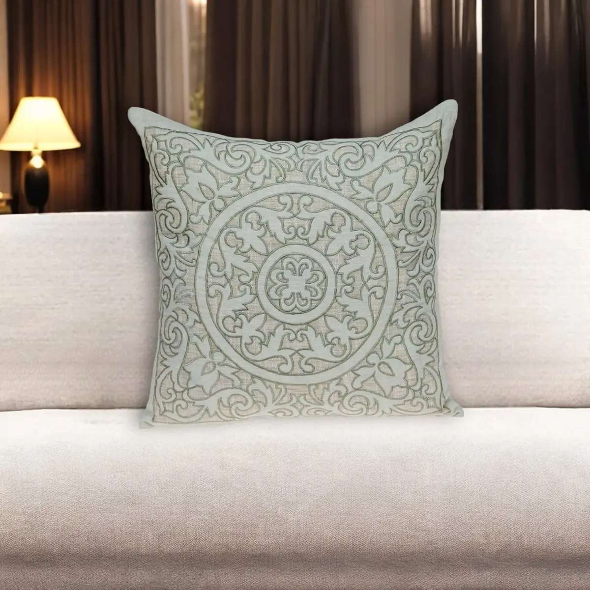 HomeRoots 22 in. Beige & Green Damask Linen Blend Embroidered-Appliqued Soft Touch Cushion - Decorative Home Zipper Closure Dry Clean Only Appliqué Standard Pillow