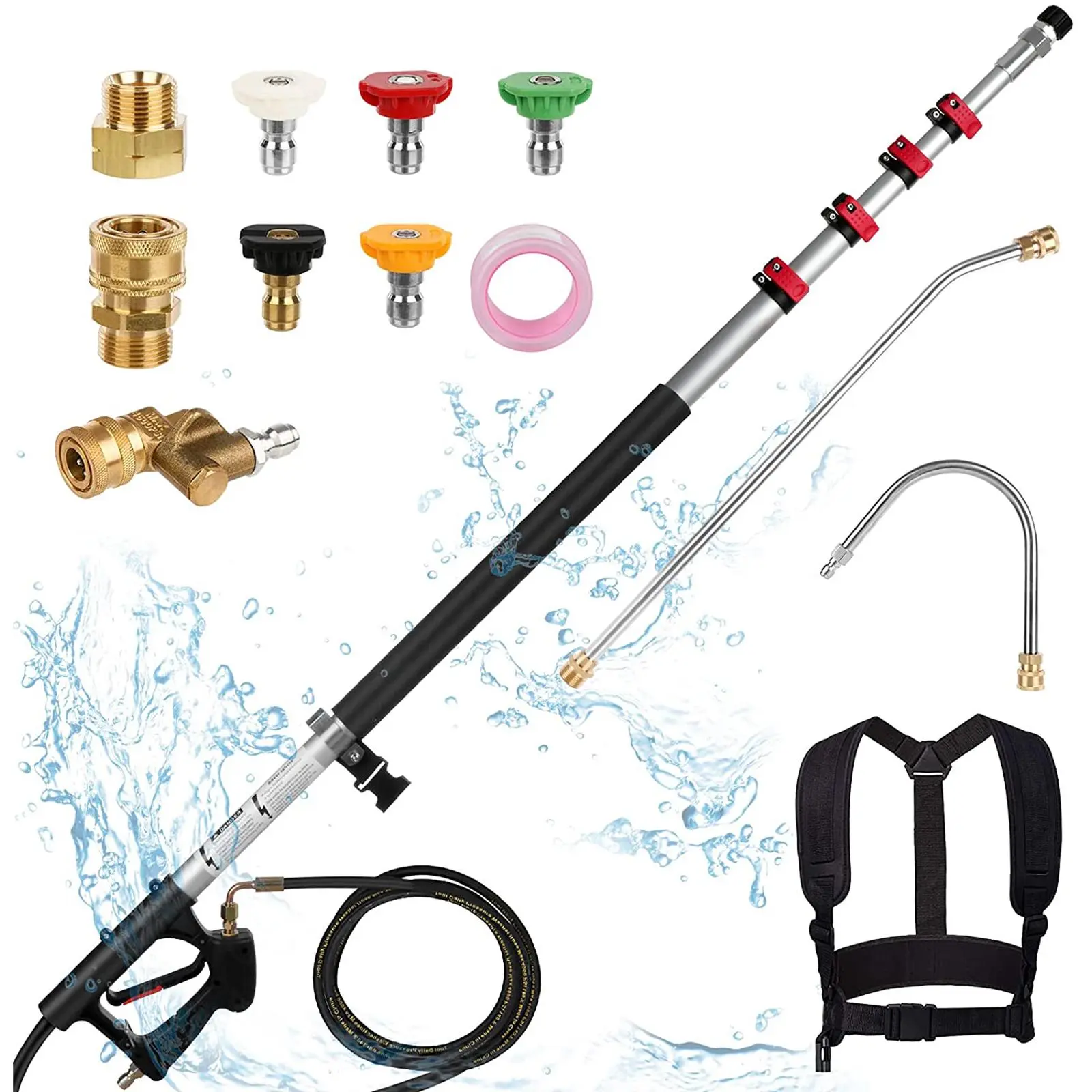 Heliwoo 24-ft Aluminum Telescopic Pressure Washer Wand (Telescopic Rod), 4000PSI Heavy-Duty Attachment, 2 Extension Wands, 5 Spray Nozzle Tips, 2 Couplers, Support Strap (Level Lock), for Heavy Duty Cleaning, Walls (Father's Day Gift)