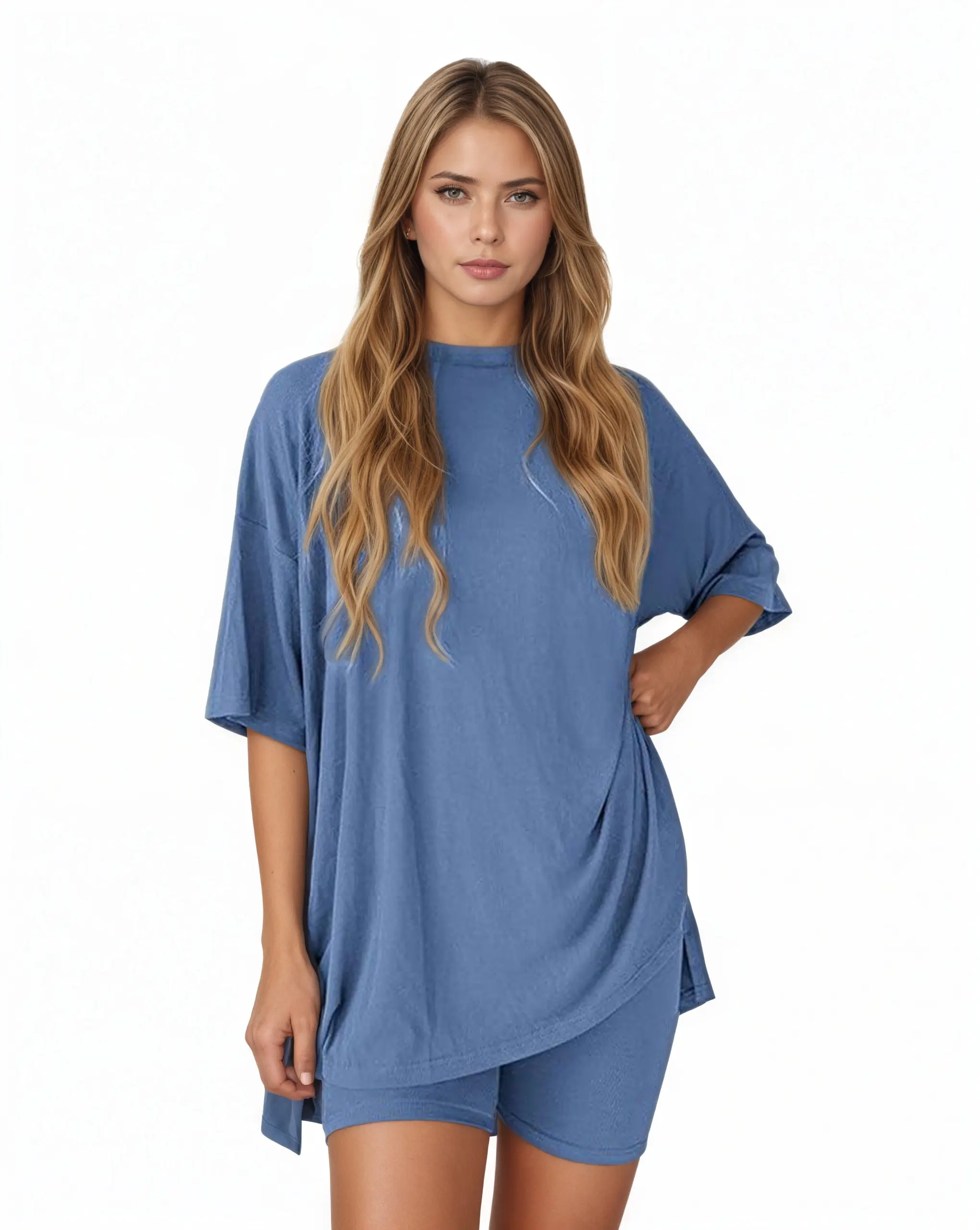 Crewneck Two-Piece Set For Women Summer Casual Oversized Split Hem Shirts & Side Pocket Biker Shorts Minimalist Lounge Wear Soft Viscose Fabric Comfy Homewear Cozy Pjs