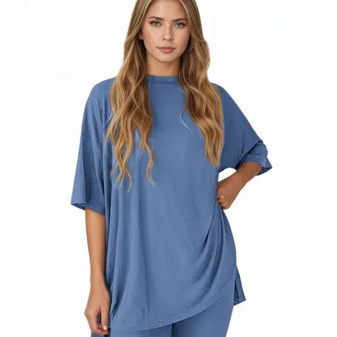 Crewneck Two-Piece Set For Women Summer Casual Oversized Split Hem Shirts & Side Pocket Biker Shorts Minimalist Lounge Wear Soft Viscose Fabric Comfy Homewear Cozy Pjs,