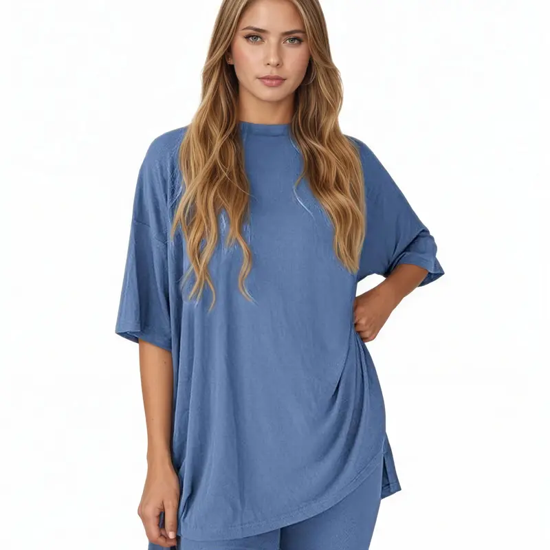 Crewneck Two-Piece Set For Women Summer Casual Oversized Split Hem Shirts & Side Pocket Biker Shorts Minimalist Lounge Wear Soft Viscose Fabric Comfy Homewear Cozy Pjs,