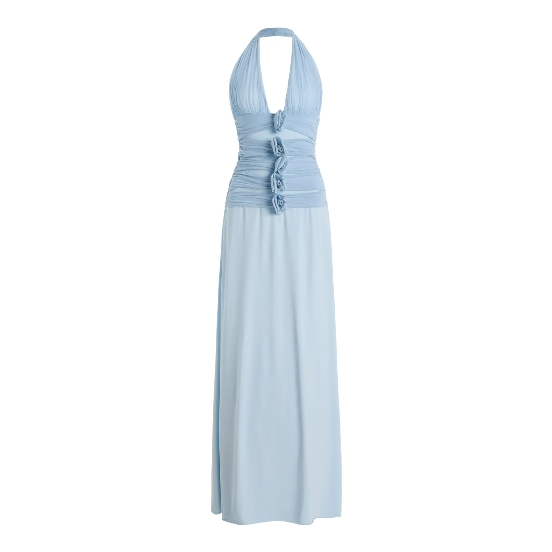 Women's Blue Sports Dress, Elegant 3D Floral Nylon Blend Casual Wear with Halter V-Neck, Open Back, and Side Slit, Sleeveless