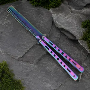 Foldable Stainless Steel Butterfly Training Comb, Anti-Static Hair Styling Comb for Hairdresser Barber Training, Portable Folding Metal Comb, Safe Rounded Teeth Hairbrush with Non-Slip Durable Handle