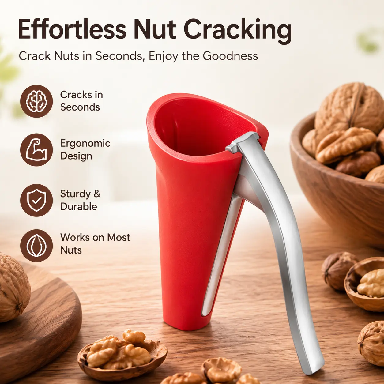 1 Count Nut Cracker, Curved Handle Funnel Shaped Anti-Splash Shell Opener for Home Kitchen Use to Crack Walnut Almond and Other Nuts