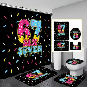 1/4pcs Six Seven Shower Curtain set, Graffiti Art Bathroom Decor, Bathroom Decoration Accessories, Accessories with Bath Mat, U-shaped Mat, Toilet Lid Cover, 12 Hooks 180x180cm Curtain, Urban Style, Home Decor, Urban Theme, bathroom accessories.