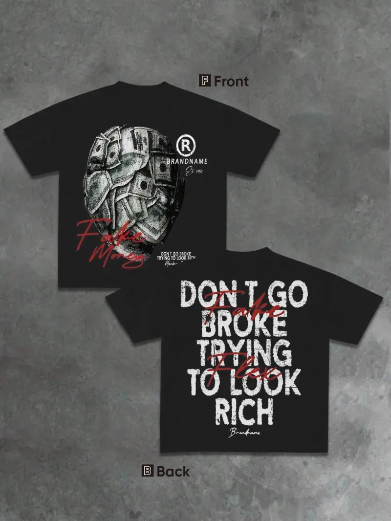 Men's Hip Hop Street Style T-Shirt, Oversized Top with 'fake Money' Skull and 'don't Go Broke' Print, Casual Cotton Short Sleeve